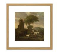 Artery8 Van Der Does Italian Landscape Shepherdess Flocks 8X8 Inch Square Wooden Framed Wall Art Print Picture with Mount in Light Oak Artery8 Light Oak