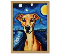 Artery8 Van Goghs Dog Artwork Night Scene Full Moon Blue Brown Yellow Oil Painting Artwork Framed Wall Art Print A4