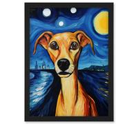 Wall Art Print Van Goghs Dog Artwork Night Scene Full Moon Blue Brown Yellow Oil Painting Artwork Framed A4 Artery8 Black A4