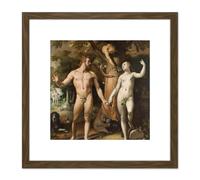 Artery8 Van Haarlem The Fall Of Man Adam Eve Painting 8X8 Inch Square Wooden Framed Wall Art Print Picture with Mount in Brown Artery8 Brown