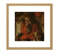 Artery8 Van Leyden Saint Jerome Study Candlelight 8X8 Inch Square Wooden Framed Wall Art Print Picture with Mount in Light Oak Artery8 Light Oak