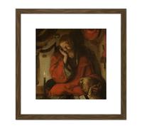 Artery8 Van Leyden Saint Jerome Study Candlelight 8X8 Inch Square Wooden Framed Wall Art Print Picture with Mount in Brown Artery8 Brown