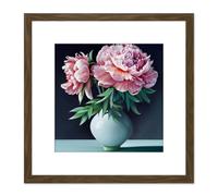 Artery8 Vase Pink Peony Flowers Floral Bloom Still Life Painting Illustration Pink Square Wooden Framed Wall Art Print Picture 8X8 Inch in Brown Artery8 Brown