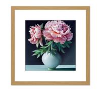 Artery8 Vase Pink Peony Flowers Floral Bloom Still Life Painting Illustration Pink Square Wooden Framed Wall Art Print Picture 8X8 Inch in Light Oak Artery8 Light Oak