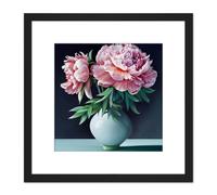 Artery8 Vase Pink Peony Flowers Floral Bloom Still Life Painting Illustration Pink Square Wooden Framed Wall Art Print Picture 8X8 Inch in Black Artery8 Black