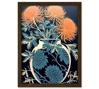 Artery8 Vase with Flower Blooms and Thistles Floral Linocut Coral Pink Blue Scottish Plant Artwork Framed A3 Wall Art Print