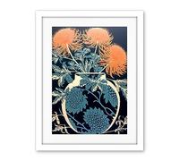 Artery8 Vase with Flower Blooms and Thistles Floral Linocut Coral Pink Blue Scottish Plant Artwork Framed Wall Art Print 18X24 Inch