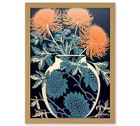 Artery8 Vase with Flower Blooms and Thistles Floral Linocut Coral Pink Blue Scottish Plant Artwork Framed A3 Wall Art Print