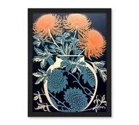 Artery8 Vase with Flower Blooms and Thistles Floral Linocut Coral Pink Blue Scottish Plant Artwork Framed Wall Art Print 18X24 Inch