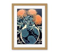 Artery8 Vase with Flower Blooms and Thistles Floral Linocut Coral Pink Blue Scottish Plant Artwork Framed Wall Art Print 18X24 Inch