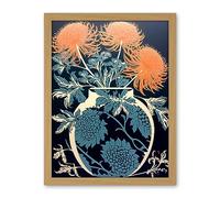Artery8 Vase with Flower Blooms and Thistles Floral Linocut Coral Pink Blue Scottish Plant Artwork Framed Wall Art Print 18X24 Inch