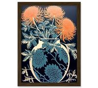 Artery8 Vase with Flower Blooms and Thistles Floral Linocut Coral Pink Blue Scottish Plant Artwork Framed Wall Art Print A4