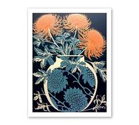 Artery8 Vase with Flower Blooms and Thistles Floral Linocut Coral Pink Blue Scottish Plant Artwork Framed Wall Art Print 18X24 Inch