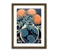Artery8 Vase with Flower Blooms and Thistles Floral Linocut Coral Pink Blue Scottish Plant Artwork Framed Wall Art Print 18X24 Inch