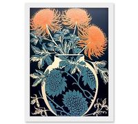 Artery8 Vase with Flower Blooms and Thistles Floral Linocut Coral Pink Blue Scottish Plant Artwork Framed Wall Art Print A4