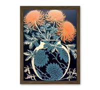 Artery8 Vase with Flower Blooms and Thistles Floral Linocut Coral Pink Blue Scottish Plant Artwork Framed Wall Art Print 18X24 Inch