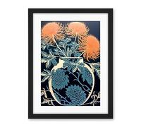 Artery8 Vase with Flower Blooms and Thistles Floral Linocut Coral Pink Blue Scottish Plant Artwork Framed Wall Art Print 18X24 Inch