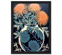 Artery8 Vase with Flower Blooms and Thistles Floral Linocut Coral Pink Blue Scottish Plant Artwork Framed A3 Wall Art Print