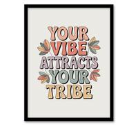 Artery8 Vibe Attracts Your Tribe Retro Floral Typography Framed Wall Art Print 12x16