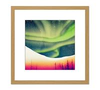 Artery8 Vibrant Aurora Borealis Green Northern Lights Night Sky Landscape Watercolour Painting Square Wooden Framed Wall Art Print Picture 8X8 Inch
