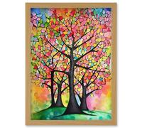 Artery8 Vibrant Blossoming Trees In Spring Folk Art Watercolour Painting Artwork Framed Wall Art Print A4 in Light Oak Artery8 Light Oak