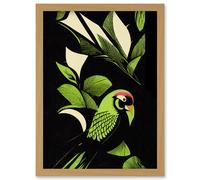 Artery8 Vibrant Bright Lime Green Black Cream Jungle Leaf Pattern with Bird Modern Vintage Linocut Illustration Artwork Framed Wall Art Print A4 Artery8 Light Oak