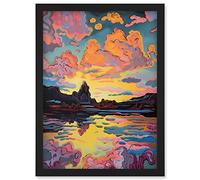 Vibrant Colour Lakescape Mono Lake Atmospheric Sunset Clouds Modern Watercolour Painting Artwork Framed Wall Art Print A4 Artery8 Black One Size