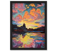 Vibrant Colour Lakescape Mono Lake Atmospheric Sunset Clouds Modern Watercolour Painting Artwork Framed Wall Art Print A4 Artery8 Black One Size