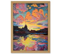 Vibrant Colour Lakescape Mono Lake Atmospheric Sunset Clouds Modern Watercolour Painting Artwork Framed Wall Art Print A4 Artery8 Light Oak One Size