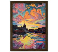 Vibrant Colour Lakescape Mono Lake Atmospheric Sunset Clouds Modern Watercolour Painting Artwork Framed Wall Art Print A4 Artery8 Brown One Size