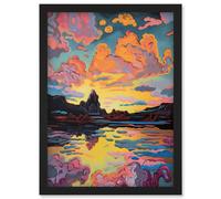 Artery8 Vibrant Colour Lakescape Mono Lake Atmospheric Sunset Clouds Modern Watercolour Painting Artwork Framed Wall Art Print A4 in Black Artery8 Black