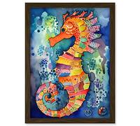 Artery8 Vibrant Colour Pattern Seahorse Folk Art Artwork Framed A3 Wall Art Print