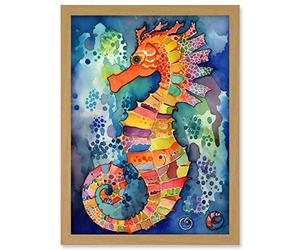 Artery8 Vibrant Colour Pattern Seahorse Folk Art Artwork Framed A3 Wall Art Print