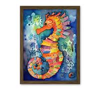 Artery8 Vibrant Colour Pattern Seahorse Folk Art Artwork Framed Wall Art Print 18X24 Inch