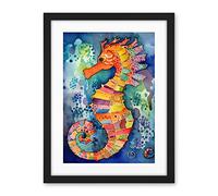 Artery8 Vibrant Colour Pattern Seahorse Folk Art Artwork Framed Wall Art Print 18X24 Inch