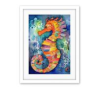 Artery8 Vibrant Colour Pattern Seahorse Folk Art Artwork Framed Wall Art Print 18X24 Inch