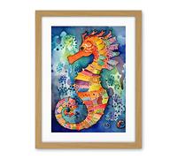 Artery8 Vibrant Colour Pattern Seahorse Folk Art Artwork Framed Wall Art Print 18X24 Inch