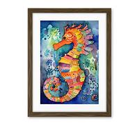 Artery8 Vibrant Colour Pattern Seahorse Folk Art Artwork Framed Wall Art Print 18X24 Inch