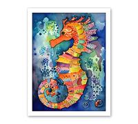 Artery8 Vibrant Colour Pattern Seahorse Folk Art Artwork Framed Wall Art Print 18X24 Inch