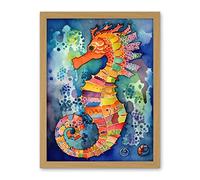 Artery8 Vibrant Colour Pattern Seahorse Folk Art Artwork Framed Wall Art Print 18X24 Inch