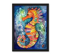 Artery8 Vibrant Colour Pattern Seahorse Folk Art Artwork Framed Wall Art Print 18X24 Inch