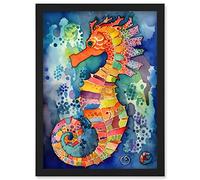 Artery8 Vibrant Colour Pattern Seahorse Folk Art Artwork Framed Wall Art Print A4 in Black Artery8 Black
