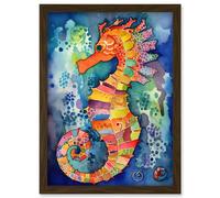 Artery8 Vibrant Colour Pattern Seahorse Folk Art Artwork Framed Wall Art Print A4