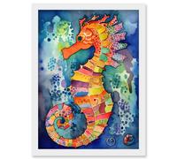 Artery8 Vibrant Colour Pattern Seahorse Folk Art Artwork Framed Wall Art Print A4