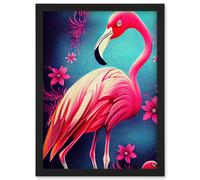 Artery8 Vibrant Flamingo Illustration With Pink Florals Flowers Artwork Framed Wall Art Print A4 in Black Artery8 Black