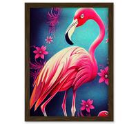 Doppelganger33 LTD Vibrant Flamingo Illustration With Pink Florals Flowers Artwork Framed Wall Art Print A4
