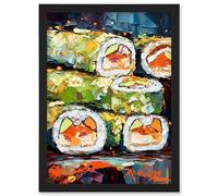 Artery8 Vibrant Japanese Cuisine Sushi Roll Oil Painting Artwork Framed Wall Art Print A4