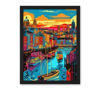 Artery8 Vibrant Liverpool City Waterfront Sunset Cityscape Artwork Framed Wall Art Print 18X24 Inch