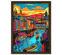 Vibrant Liverpool City Waterfront Sunset Cityscape Artwork Framed Wall Art Print A4 Artery8 Brown One Size