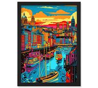 Vibrant Liverpool City Waterfront Sunset Cityscape Artwork Framed Wall Art Print A4 Artery8 Black One Size